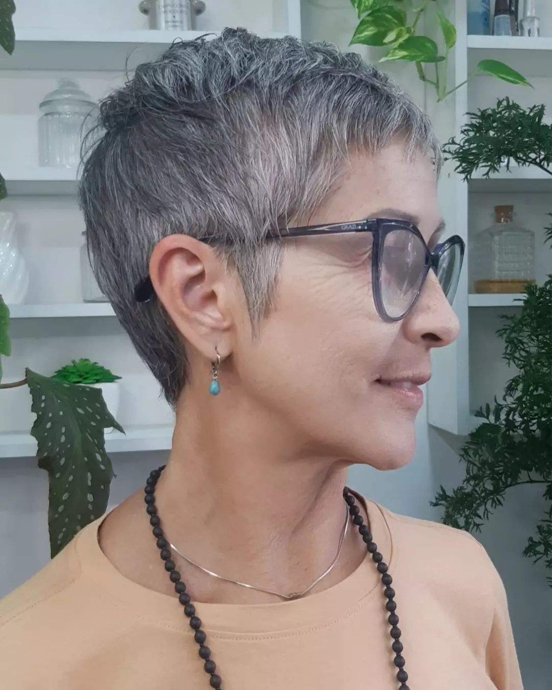 Gray Choppy Pixie with Glasses